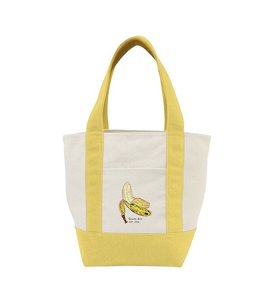 Banana yellow canvas tote bag printed with the Crum Art banana
