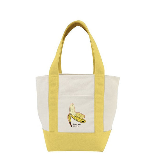 Banana yellow canvas tote bag printed with the Crum Art banana