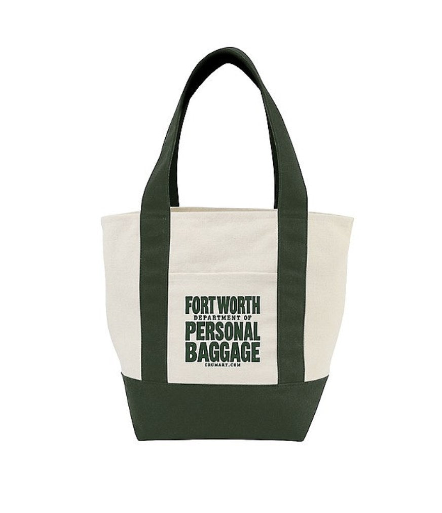 Green canvas tote bag printed with the Fort Worth Department of Personal Baggage seal by Crum Art
