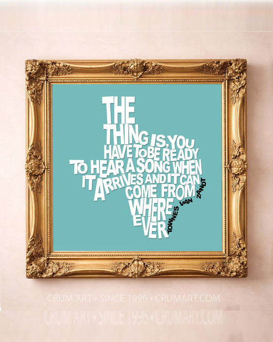 Townes Van Zandt art print in a gold frame by Betsy Crum — square Texas music art from Crum Art, available at crumart.com. This museum quality print is made right here in Texas.