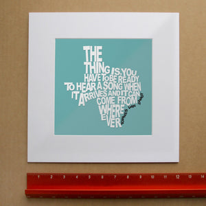 Townes Van Zandt Texas Shape Quote Print Betsy Crum in matted square frame mockup