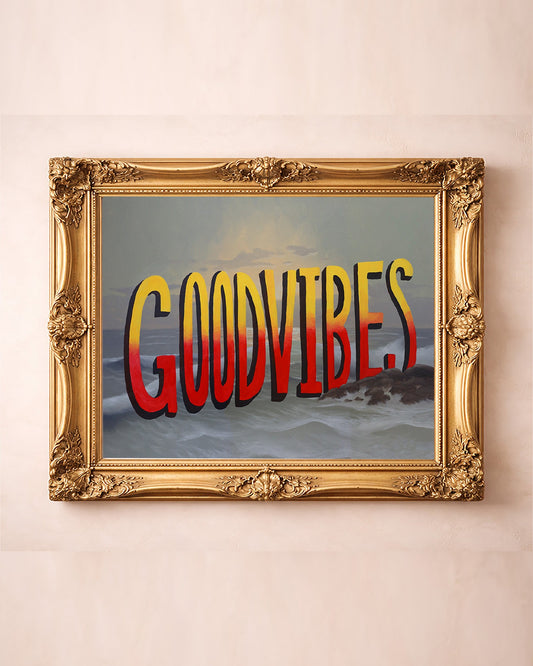 Good Vibes upcycled found-object art by Caya Crum in a gold frame — funny quote wall art