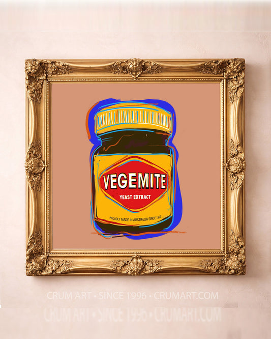 Kitchen wall art Vegemite pop print by Betsy Crum in a square gold frame room scene
