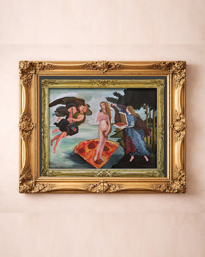 Venus de Milo & Pizza old masters art print by Caya Crum — in a gold frame
