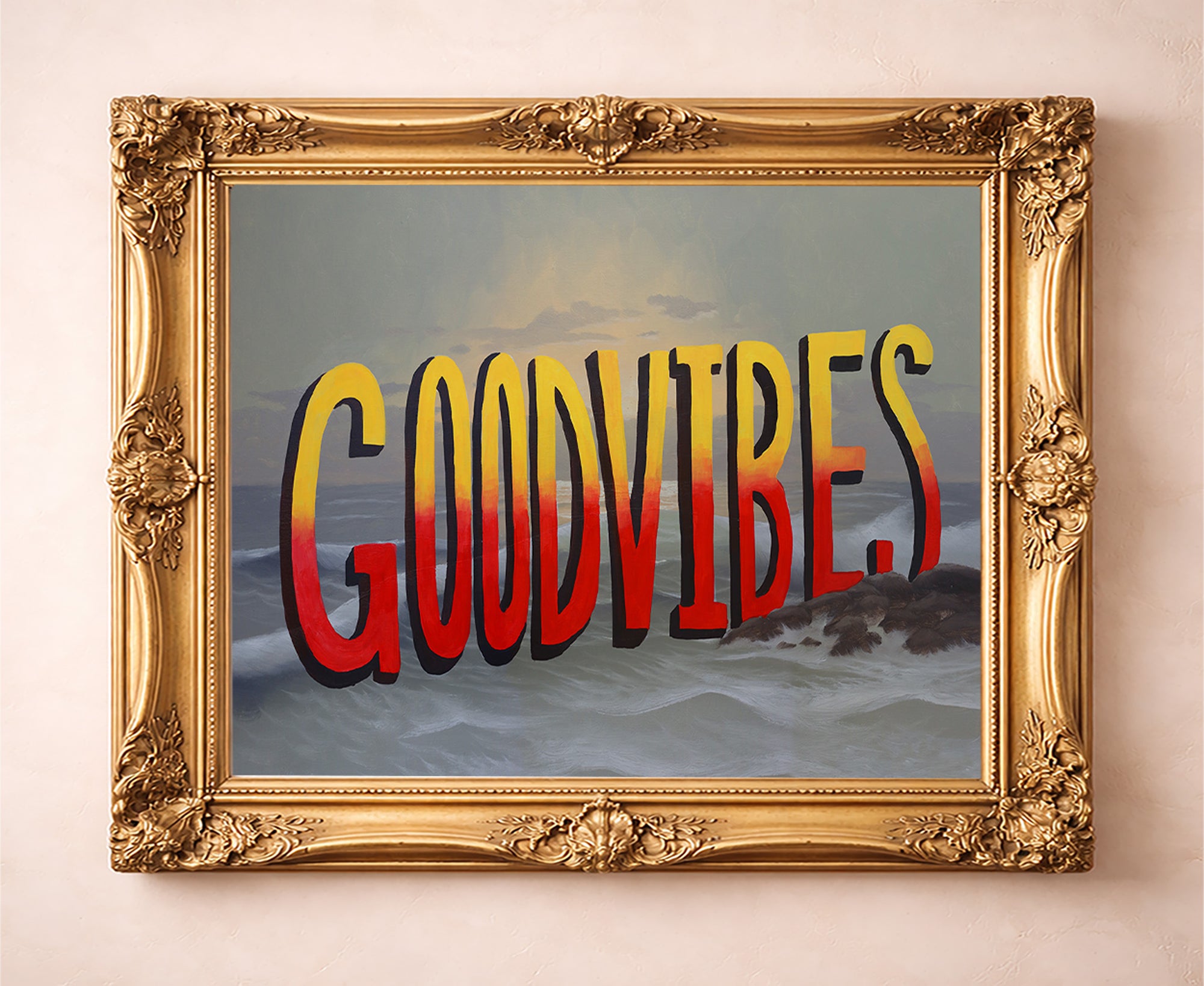 Good Vibes upcycled found-object art by Caya Crum in a gold frame — funny quote wall art