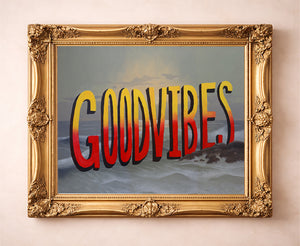 Good Vibes upcycled found-object art by Caya Crum in a gold frame — funny quote wall art