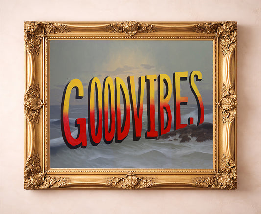 Good Vibes upcycled found-object art by Caya Crum in a gold frame — funny quote wall art