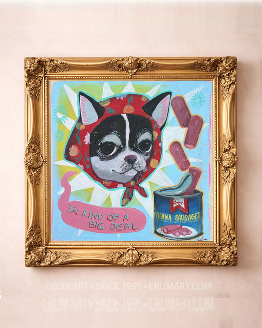 Vienna Sausage Chihuahua art print in a gold frame by Caya Crum — square dog art from Crum Art, available at crumart.com. This museum quality print is made right here in Texas.