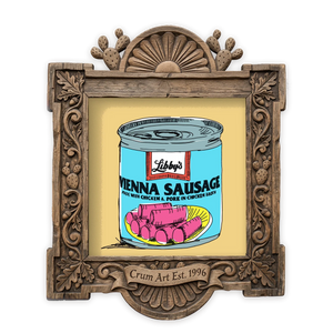 Kitchen Art | Vienna Sausage Weirdcore | Betsy Crum — art print in a carved wood frame, Crum Art