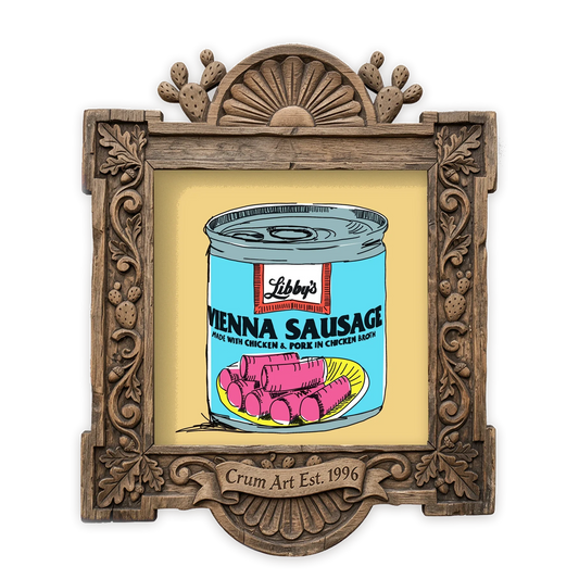 Kitchen Art | Vienna Sausage Weirdcore | Betsy Crum — art print in a carved wood frame, Crum Art
