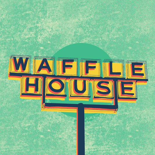 Waffle House Art sign pop art print with vibrant yellow and black letters on a turquoise background
