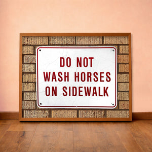Wash Horses sign photograph by Carl Crum framed in a lived-in room