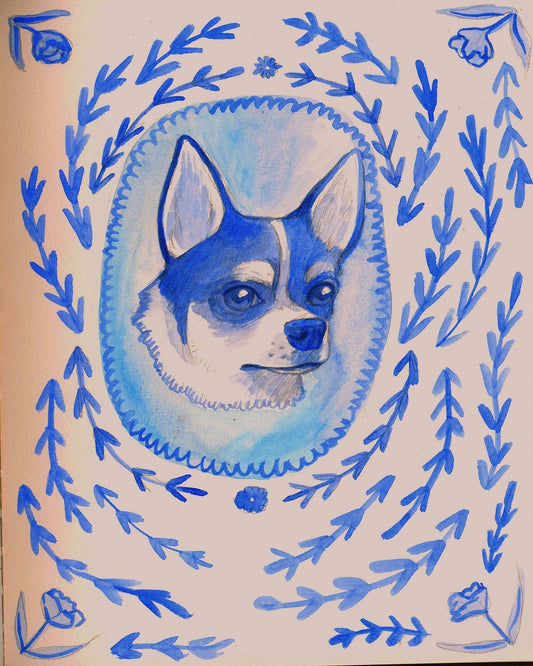 Chihuahua Toile Print blue and white fine art giclee on cotton rag paper by Caya Crum
