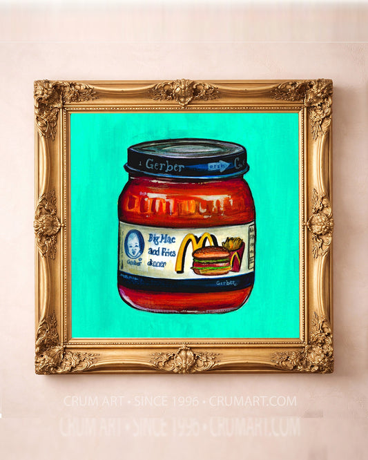 Gerber Big Mac Print art print in a gold frame by Caya Crum — square weirdcore art from Crum Art, available at crumart.com. This museum quality print is made right here in Texas.