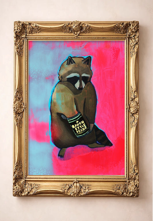 Raccoon & Ranch Style Beans by Caya Crum in a gold frame