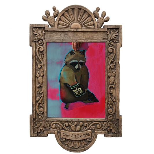 Raccoon & Ranch Style Beans — art print by Caya Crum in a carved wood frame
