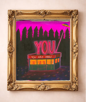 UFO Diner Hot Pink — art print by Caya Crum in a gold frame