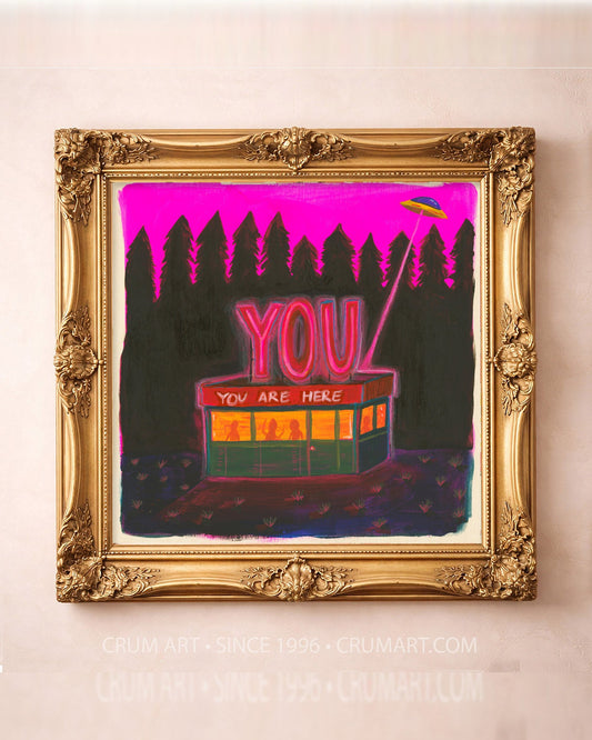 UFO Diner Hot Pink — square art print by Caya Crum in a square gold frame