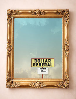 Dollar General Marfa big sky art print by Betsy Crum in a gold frame, West Texas wall art