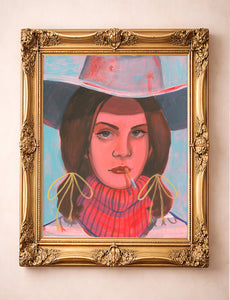Smoking Cowgirl Dolly shown framed by Crum Art