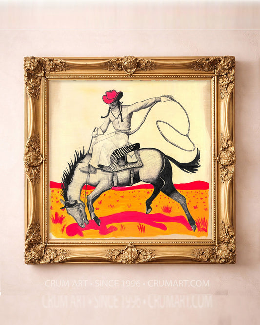Roping Scene — square art print by Caya Crum in a square gold frame