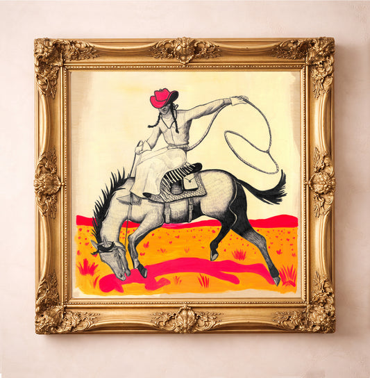 Western art print of a cowgirl roping in a desert landscape by Caya Crum