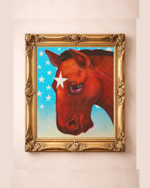 Star Horse Dreamer Western horse art print with soulful chestnut brown horse, white star marking, turquoise starry sky, and ornate gold frame.
