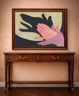 A black-framed Dog Shadow Puppet art print hanging above a desk, styled with a sophisticated, masculine tone ideal for a law office, study, or corporate Western decor.