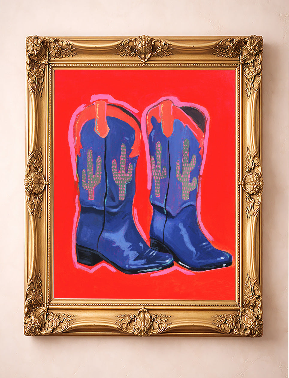 Cactus Art Print – Saguaro Cowboy Boots Blue Red Western Wall Art | Caya Crum