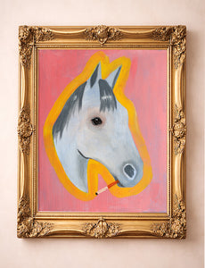 Cutter smoking cowboy horse art print by Caya Crum in a gold frame