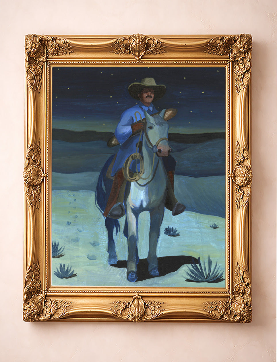 Western Art - Cowboy with a Baguette at Night Print - A Western Desert Scene | Caya Crum