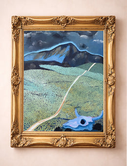 New Mexico mountain and field landscape art print by Caya Crum in ornate gold frame, moody blue western wall decor