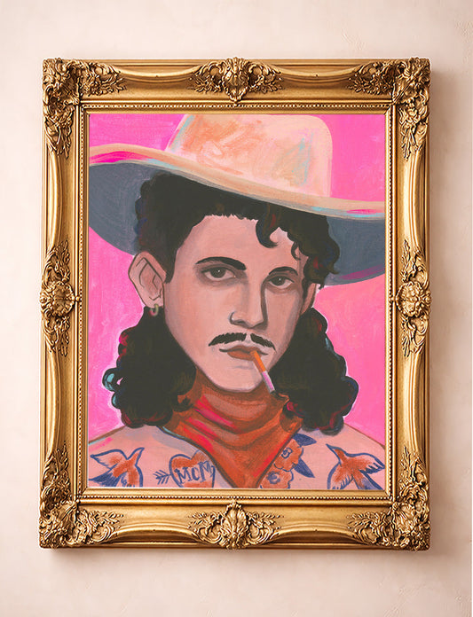 Timothy tattooed cowboy art print by Caya Crum, swallow and MOM heart tattoos against hot pink, in a gold frame