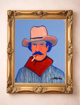 Clyde smoking cowboy portrait art print by Caya Crum in ornate gold frame, western wall decor
