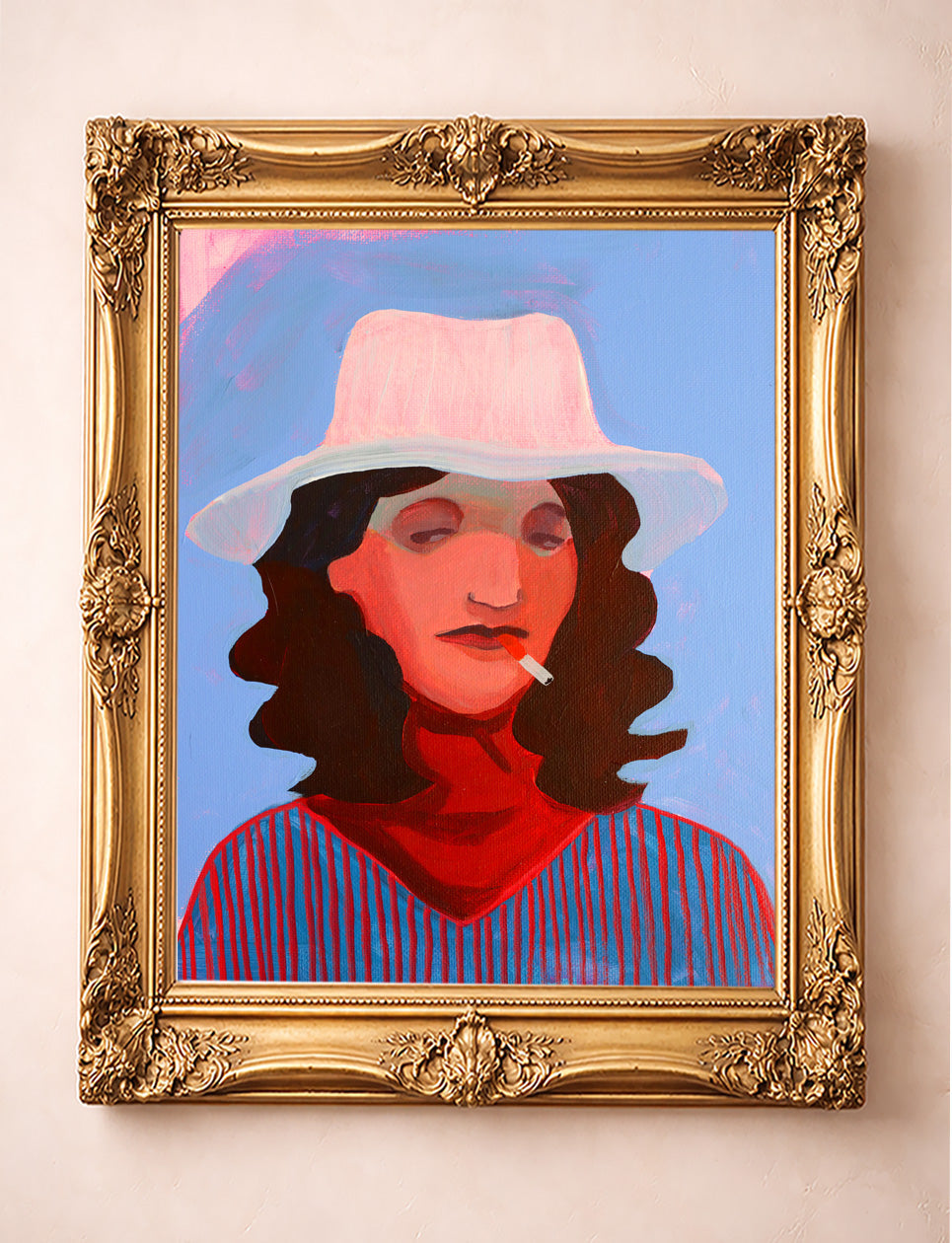 Western folk art print of Mildred Boho Cowgirl with white cowboy hat, red scarf, cigarette, and dark curls in ornate gold frame