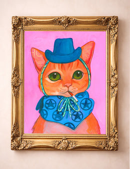 Abbie yellow tabby smoking cat art print by Caya Crum in ornate gold frame, western wall decor