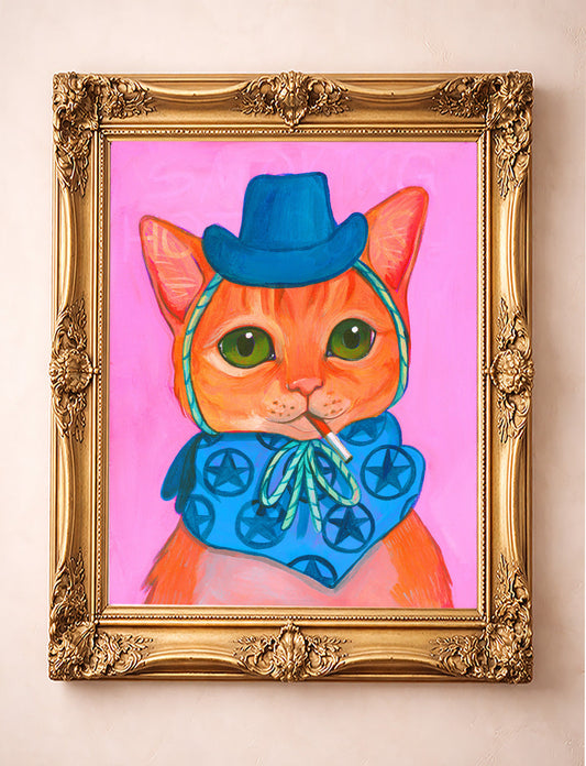 Smoking Cowboy Cat Smoking Whiskey Gold Collar Texas Western shown framed by Crum Art