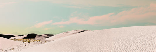 White Sands panoramic art print by Betsy Crum, white gypsum dunes under a mint and pink New Mexico sky