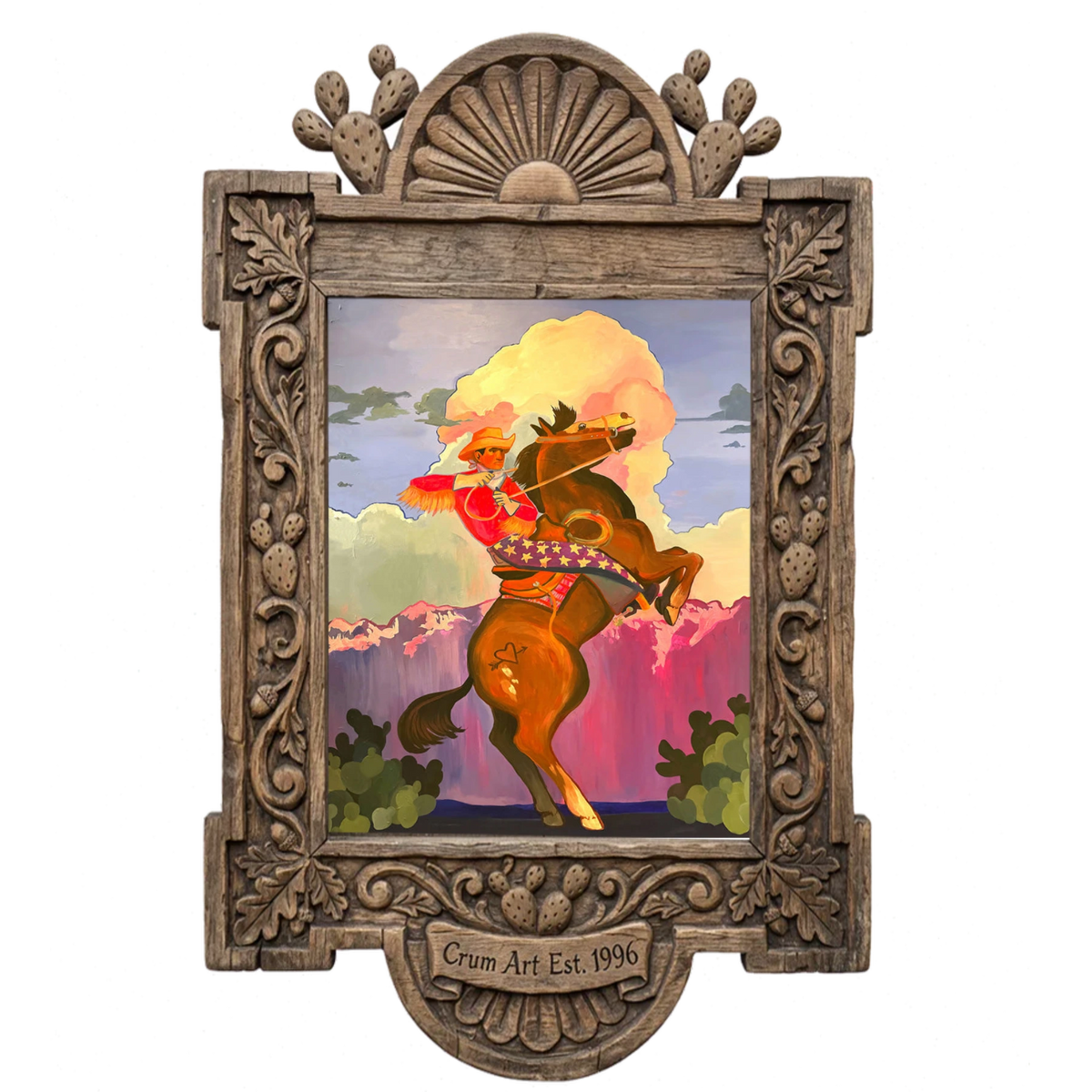 Bucking Horse Rainbow Sky — art print by Caya Crum in a carved wood frame
