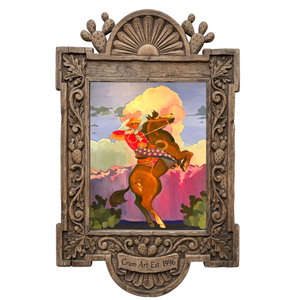 Bucking Horse Rainbow Sky — art print by Caya Crum in a carved wood frame