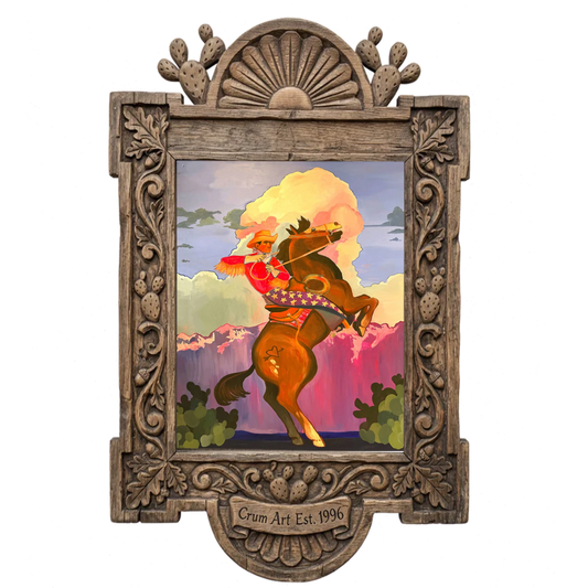 Bucking Horse Rainbow Sky — art print by Caya Crum in a carved wood frame