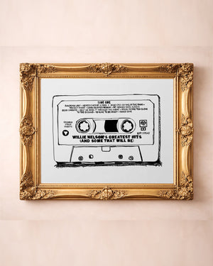 Willie Nelson cassette tape pop art print by Betsy Crum in a gold frame, vintage Texas music art