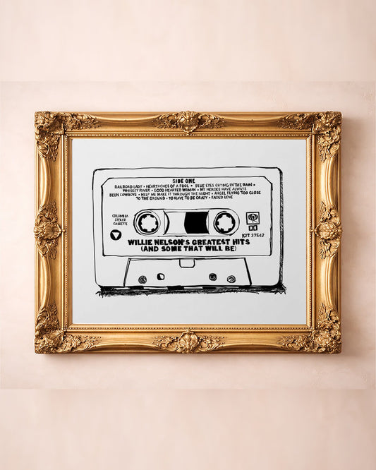 Willie Nelson cassette tape pop art print by Betsy Crum in a gold frame, vintage Texas music art