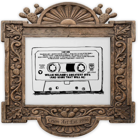 Willie Nelson Cassette Pop Art — art print by Betsy Crum in a carved wood frame