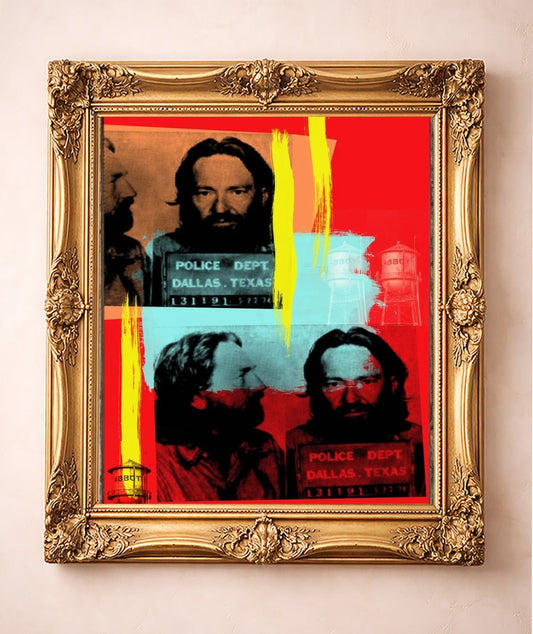 Willie Nelson Mugshot — art print by Betsy Crum in a gold frame