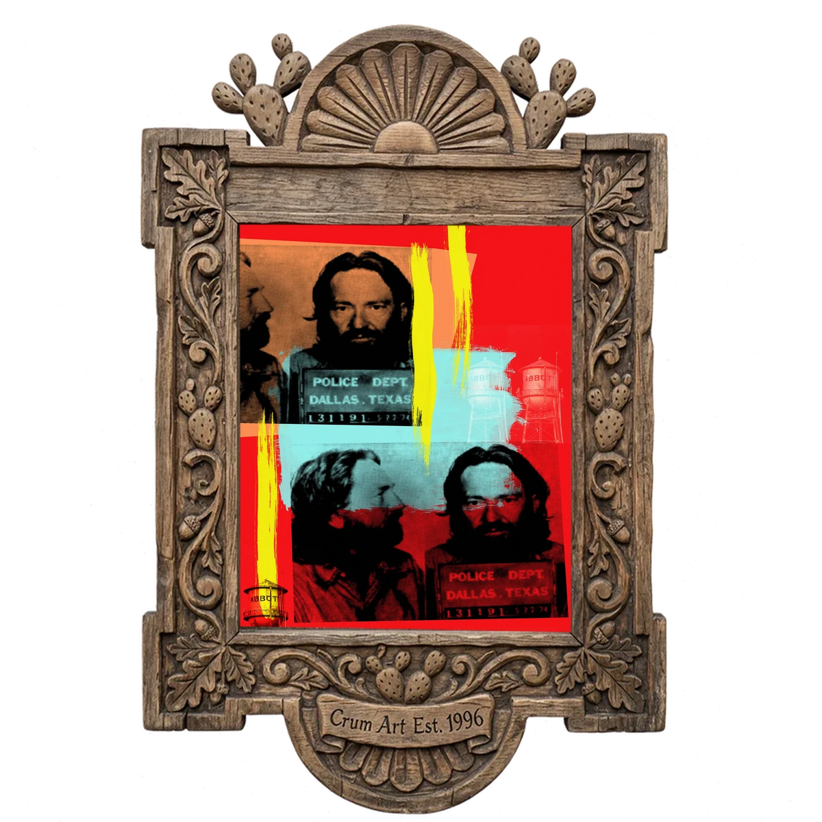 Willie Nelson Mugshot — music wall art print by Betsy Crum in a carved wood frame