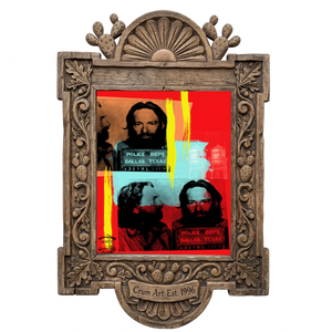 Willie Nelson Mugshot — music wall art print by Betsy Crum in a carved wood frame