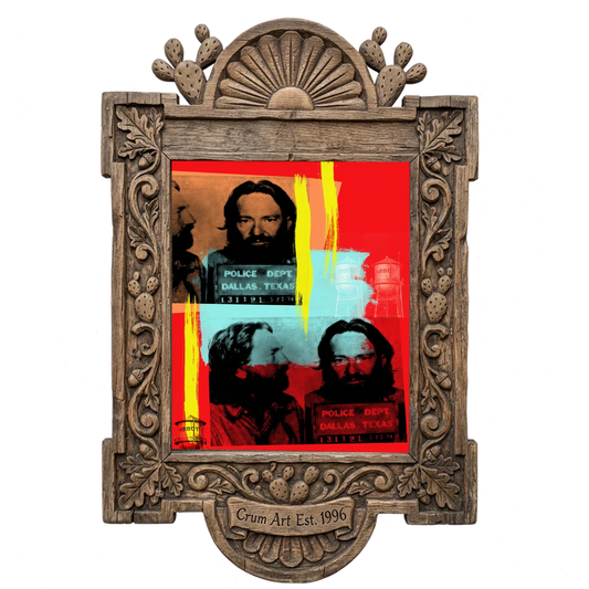 Willie Nelson Mugshot — music wall art print by Betsy Crum in a carved wood frame
