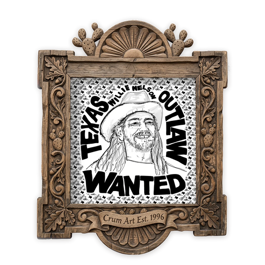 Willie Nelson Outlaw Poster — music wall art print by Betsy Crum in a square carved wood frame
