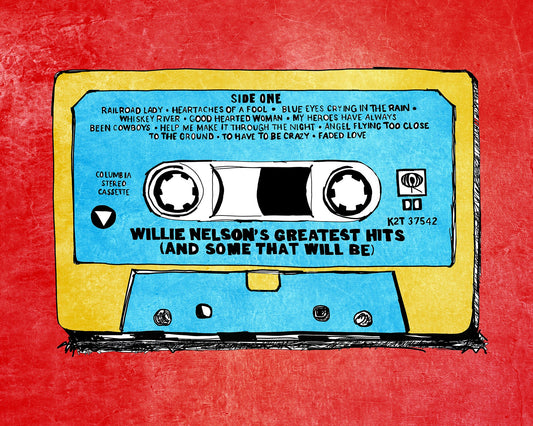 Colorful pop art cassette labeled Willie Nelson’s Greatest Hits by Betsy Crum